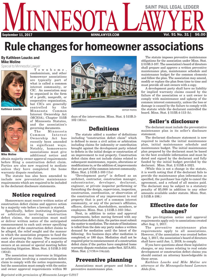 Rule Changes for Minnesota Homeowner Associations, Minnesota Lawyer article by Kathleen Loucks and Mike Moline