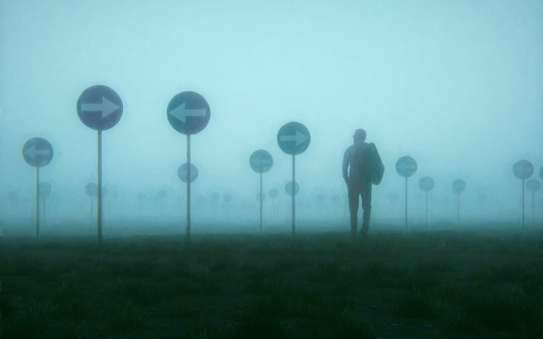 a man standing in front of a row of street signs - divorce lawyer